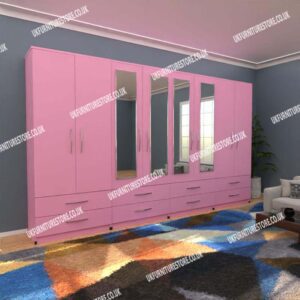 Pink 8 Door Wardrobe With 4 Mirrors and 8 Bottom Drawers