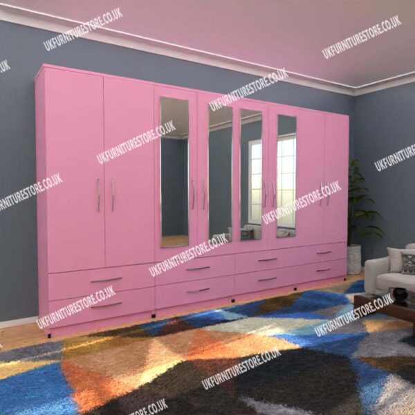Pink 8 Door Wardrobe With 4 Mirrors and 8 Bottom Drawers