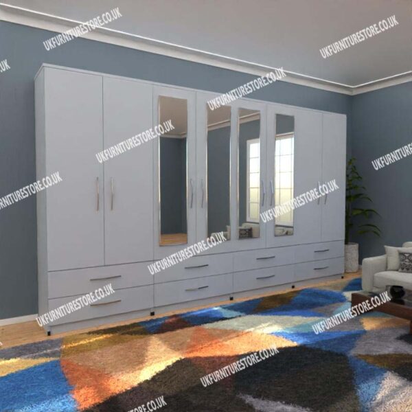 Silver 8 Door Wardrobe With 4 Mirrors and 8 Bottom Drawers