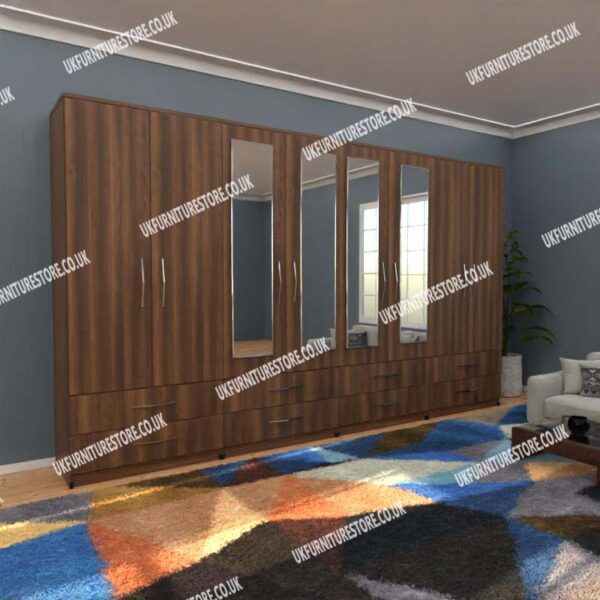 Walnut 8 Door Wardrobe With 4 Mirrors and 8 Bottom Drawers