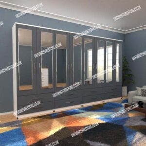 Front Gray Side White 8 Door Wardrobe With 8 Mirrors and 8 Bottom Drawers