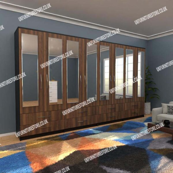 Front Walnut Side Black 8 Door Wardrobe With 8 Mirrors and 8 Bottom Drawers
