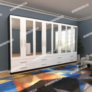 Front White Side Black 8 Door Wardrobe With 8 Mirrors and 8 Bottom Drawers