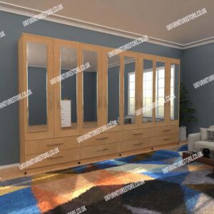 Beech 8 Door Wardrobe With 8 Mirrors and 8 Bottom Drawers
