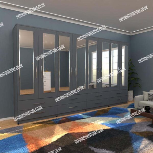 Gray 8 Door Wardrobe With 8 Mirrors and 8 Bottom Drawers
