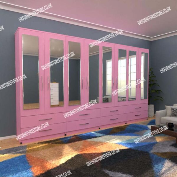 Pink 8 Door Wardrobe With 8 Mirrors and 8 Bottom Drawers