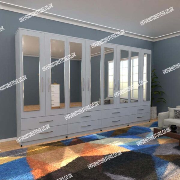 Silver 8 Door Wardrobe With 8 Mirrors and 8 Bottom Drawers