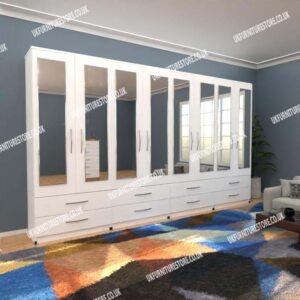 White 8 Door Wardrobe With 8 Mirrors and 8 Bottom Drawers