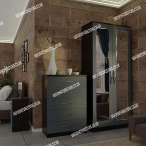Front Gray Side Black 2 Door Mirrored Wardrobe With Best Drawer and Bedside
