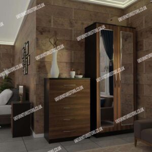 Front Walnut Side Black 2 Door Mirrored Wardrobe With Best Drawer and Bedside