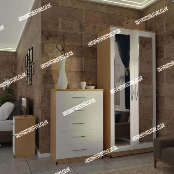 Front White Side Oak 2 Door Mirrored Wardrobe With Best Drawer and Bedside