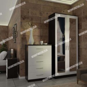 Front White Side Black 2 Door Mirrored Wardrobe With Best Drawer and Bedside
