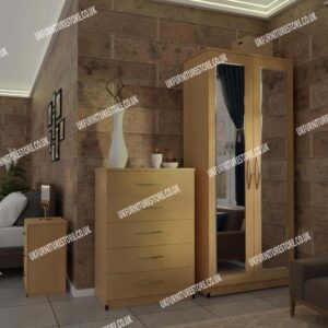 Oak 2 Door Mirrored Wardrobe With Best Drawer and Bedside