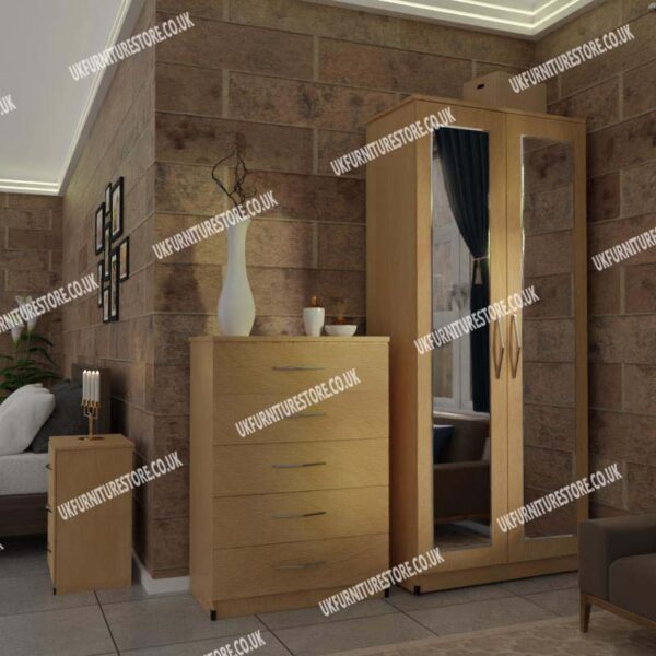 Oak 2 Door Mirrored Wardrobe With Best Drawer and Bedside