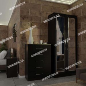 Black 2 Door Mirrored Wardrobe With Best Drawer and Bedside