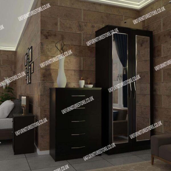 Black 2 Door Mirrored Wardrobe With Best Drawer and Bedside