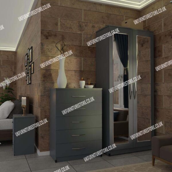 Gray 2 Door Mirrored Wardrobe With Best Drawer and Bedside
