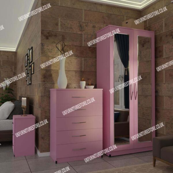 Pink 2 Door Mirrored Wardrobe With Best Drawer and Bedside