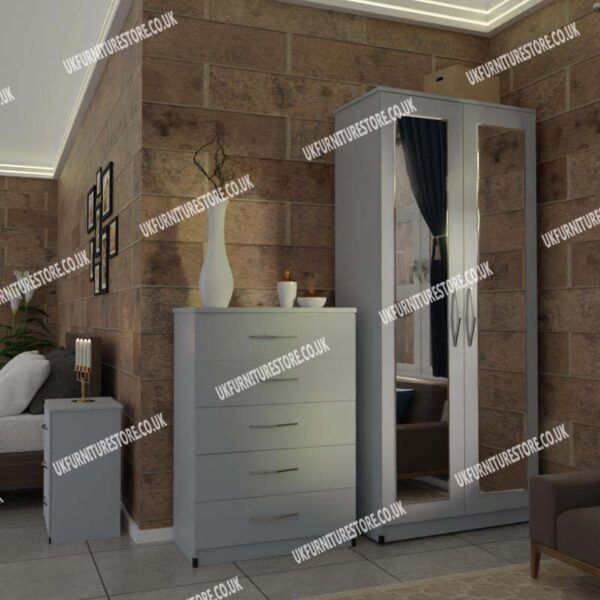 Silver 2 Door Mirrored Wardrobe With Best Drawer and Bedside