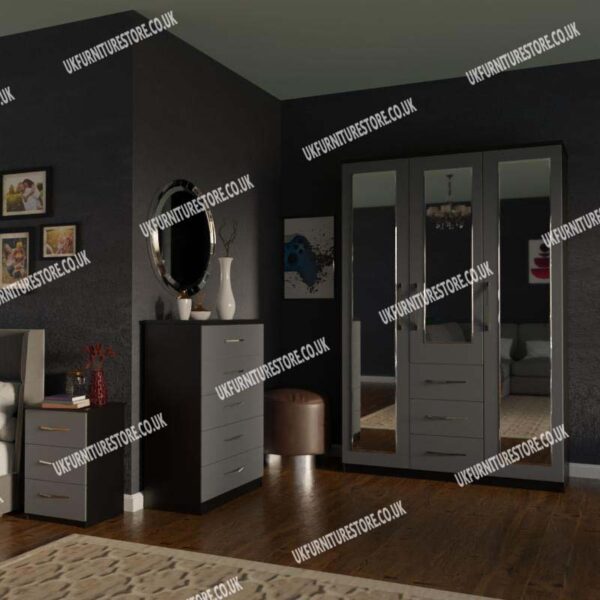 Front Gray Side Black 3 Door Mirrored Wardrobe With 3 Bottom Drawers and Chest Drawers
