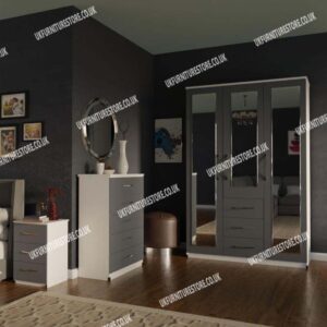 Front Gray Side White 3 Door Mirrored Wardrobe With 3 Bottom Drawers and Chest Drawers