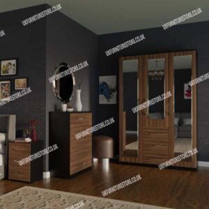 Front Walnut Side Black 3 Door Mirrored Wardrobe With 3 Bottom Drawers and Chest Drawers