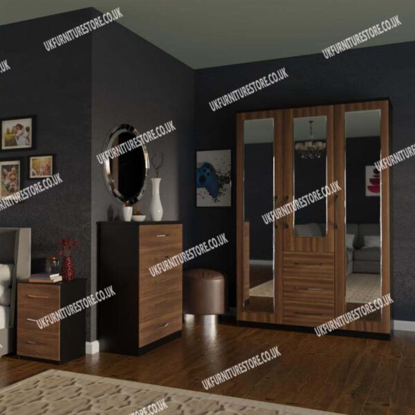Front Walnut Side Black 3 Door Mirrored Wardrobe With 3 Bottom Drawers and Chest Drawers