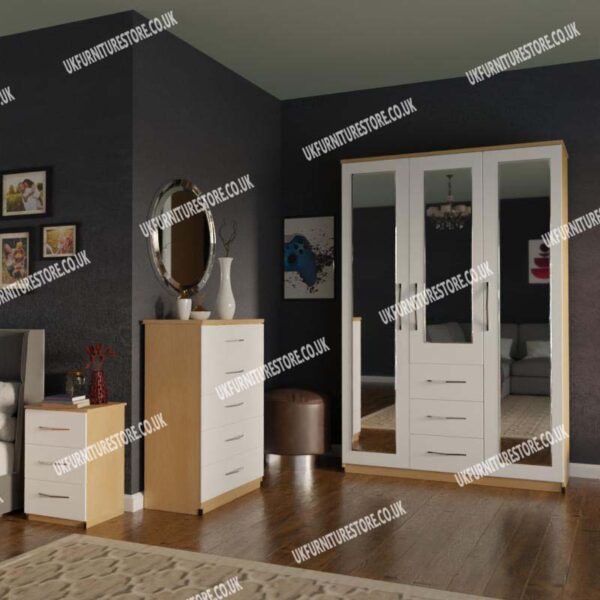 Front White Side Oak 3 Door Mirrored Wardrobe With 3 Bottom Drawers and Chest Drawers