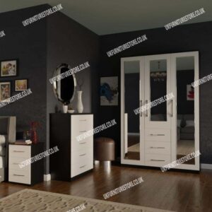 Front White Side Black 3 Door Mirrored Wardrobe With 3 Bottom Drawers and Chest Drawers