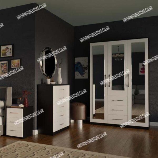Front White Side Black 3 Door Mirrored Wardrobe With 3 Bottom Drawers and Chest Drawers