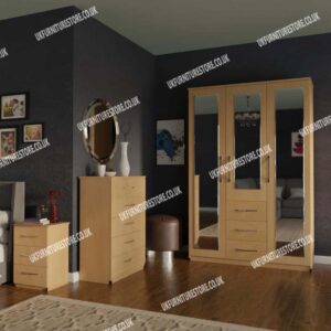 Oak 3 Door Mirrored Wardrobe With 3 Bottom Drawers and Chest Drawers