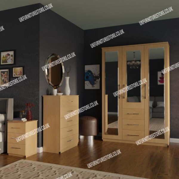 Oak 3 Door Mirrored Wardrobe With 3 Bottom Drawers and Chest Drawers