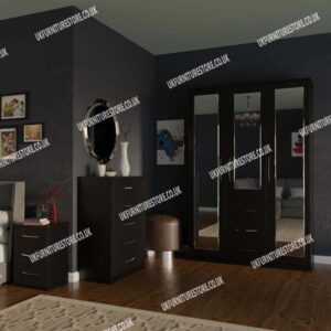 Black 3 Door Mirrored Wardrobe With 3 Bottom Drawers and Chest Drawers