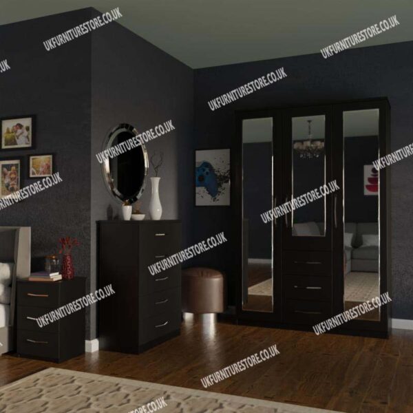 Black 3 Door Mirrored Wardrobe With 3 Bottom Drawers and Chest Drawers