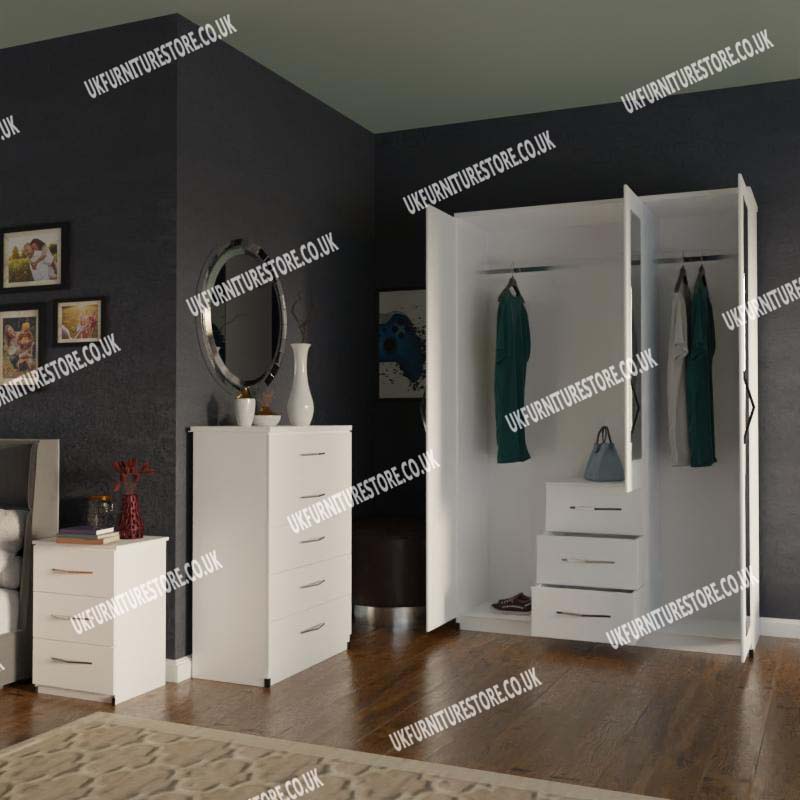 White 3 Door Wardrobe With 3 Bottom Drawers and Chest Drawers
