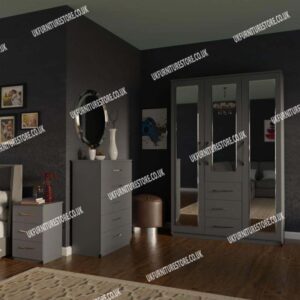 Gray 3 Door Mirrored Wardrobe With 3 Bottom Drawers and Chest Drawers