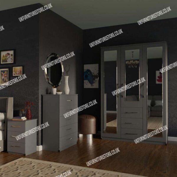 Gray 3 Door Mirrored Wardrobe With 3 Bottom Drawers and Chest Drawers