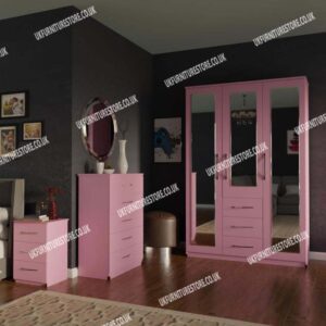 Pink 3 Door Mirrored Wardrobe With 3 Bottom Drawers and Chest Drawers
