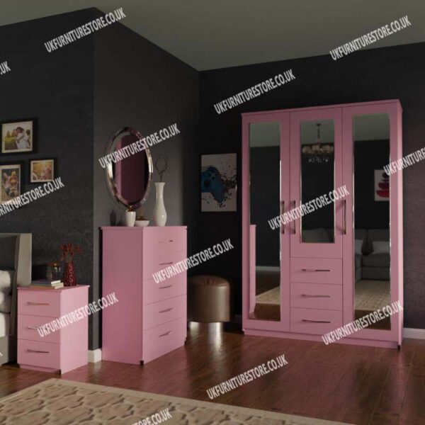 Pink 3 Door Mirrored Wardrobe With 3 Bottom Drawers and Chest Drawers