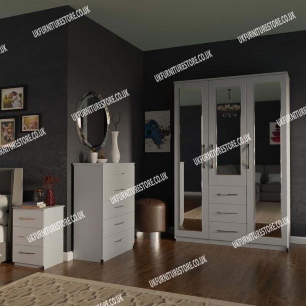 Silver 3 Door Mirrored Wardrobe With 3 Bottom Drawers and Chest Drawers