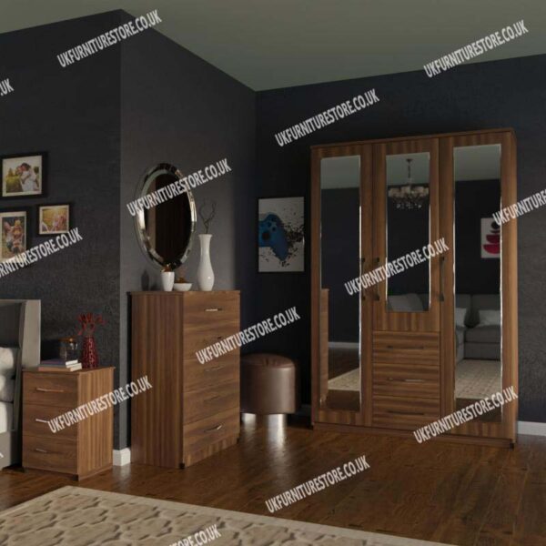 Beech 3 Door Mirrored Wardrobe With 3 Bottom Drawers and Chest Drawers
