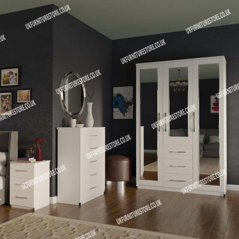 White 3 Door Mirrored Wardrobe With 3 Bottom Drawers and Chest Drawers