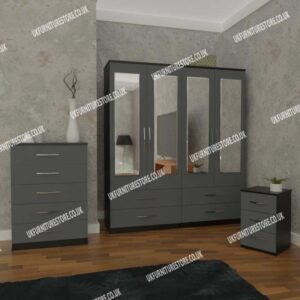 Front Gray Side Black 4 Door Mirrored Wardrobe With 4 Bottom Drawers and Chest Drawers