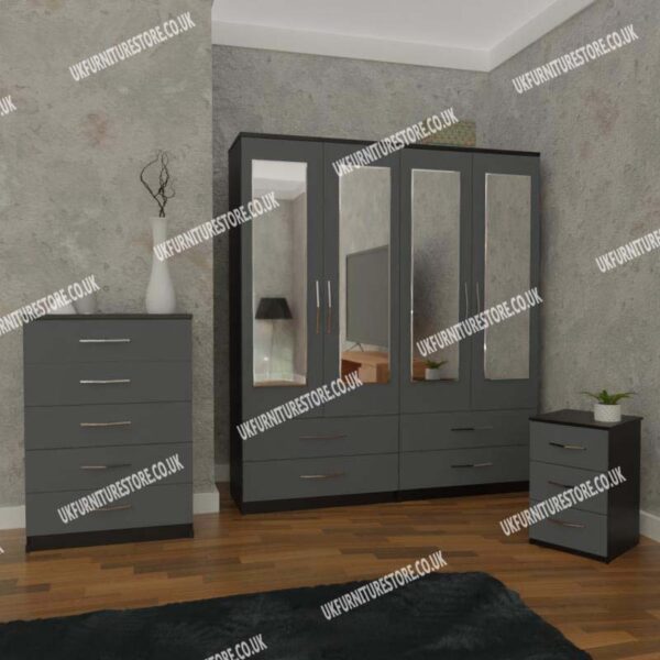 Front Gray Side Black 4 Door Mirrored Wardrobe With 4 Bottom Drawers and Chest Drawers