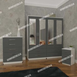 Front Gray Side White 4 Door Mirrored Wardrobe With 4 Bottom Drawers and Chest Drawers