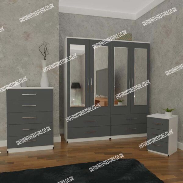 Front Gray Side White 4 Door Mirrored Wardrobe With 4 Bottom Drawers and Chest Drawers