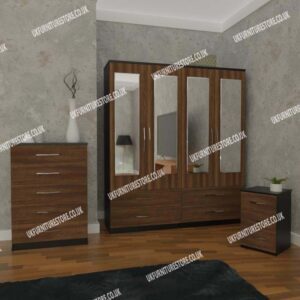 Front Walnut Side Black 4 Door Mirrored Wardrobe With 4 Bottom Drawers and Chest Drawers