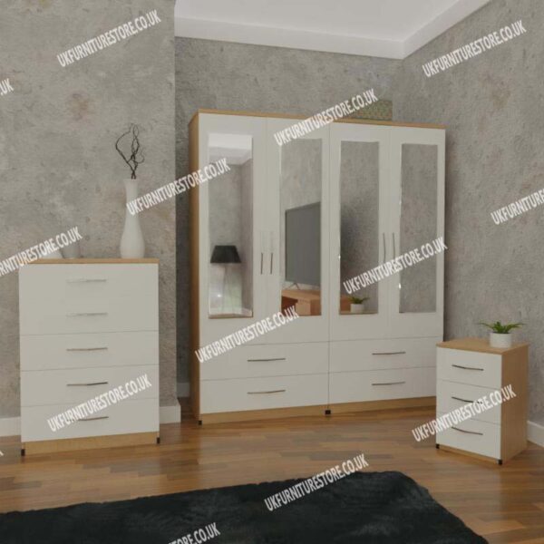 Front White Side Oak 4 Door Mirrored Wardrobe With 4 Bottom Drawers and Chest Drawers