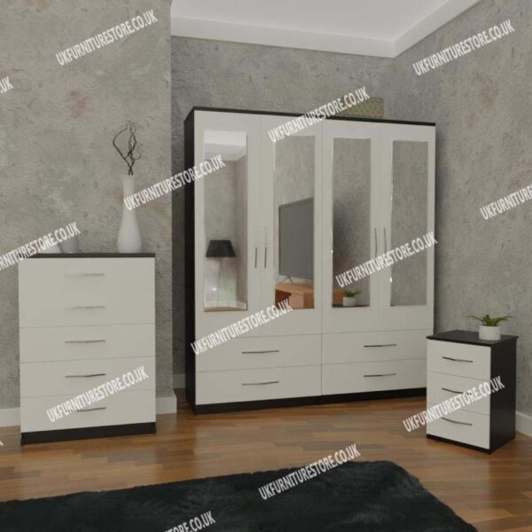Front White Side Black 4 Door Mirrored Wardrobe With 4 Bottom Drawers and Chest Drawers