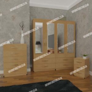 Oak 4 Door Mirrored Wardrobe With 4 Bottom Drawers and Chest Drawers